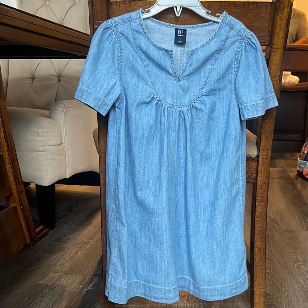 Girls GAP Soft Denim Pleated Puff Sleeve Sundress Sz S